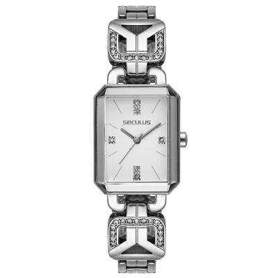 Relógio Feminino Quadrado Prata Cristais Cravejados Clássico em Metal Séculus 20MM