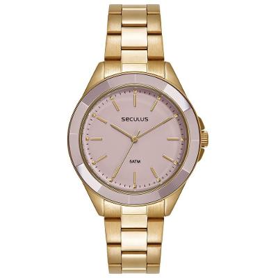 Relógio Feminino Analógico Cerâmica Facetada Dourado com Pulseira Aço Inox Séculus