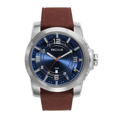 Relógio Masculino Aço Azul Calendário Couro Analógico com Pulseira em Couro Mostrador Azul Séculus