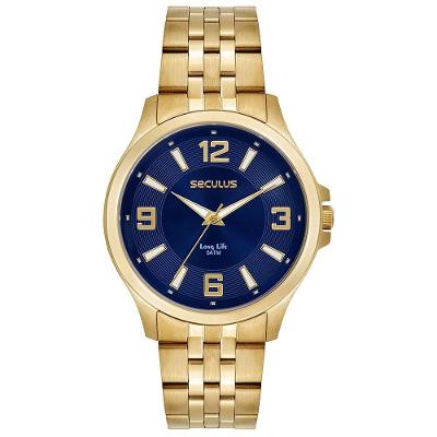 Relógio Masculino Aço Dourado Mostrador Azul Analógico Aço Inox 5 ATM Séculus