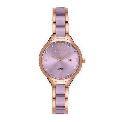 Relógio Feminino Cerâmica Calendário Rose Gold com Pulseira Aço Inox Fecho de Pressão Rosa Séculus