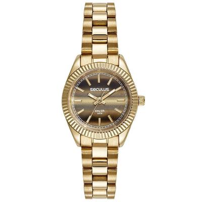 Relógio Feminino Catraca Serrilhada Dourado em Aço Inox Séculus 24MM