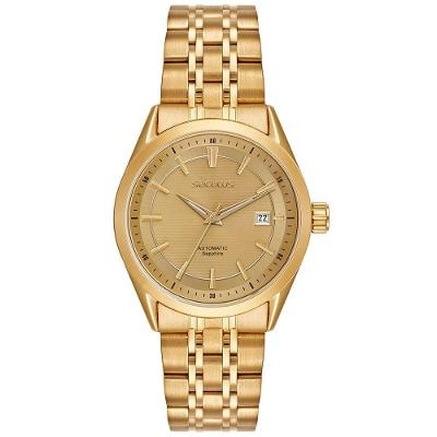 Relógio Automático Masculino Dourado Aço Inox Calendário Completo Vidro Safira Mostrador Verde