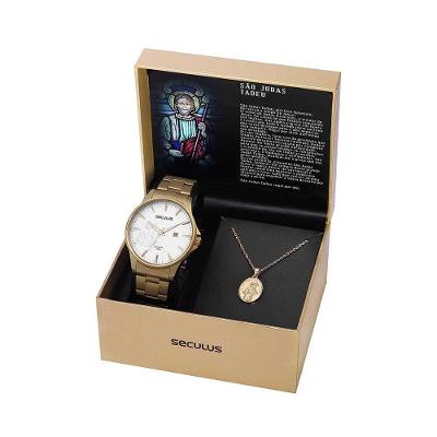 Kit Relógio Masculino Coleção Religiosos Clássico em Aço Inox com Colar São Judas Tadeu Dourado