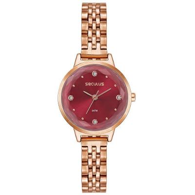 Relógio Feminino Analógico Vidro Facetado em Aço Inox com Cristais Vermelho Séculus 28MM