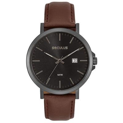 Relógio Masculino Aço Mostrador Preto Minimalista Analógico Couro Marrom 42MM Séculus