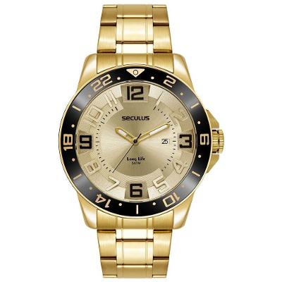 Relógio Masculino com Calendário Aro 3d Analógico em Aço Inox Efeito 3D Dourado Séculus