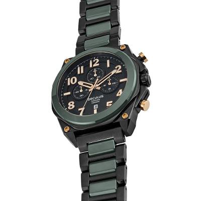Relógio Masculino Cronógrafo Upper em Aço e Cerâmica com Pulseira de Metal Verde e Preto Séculus