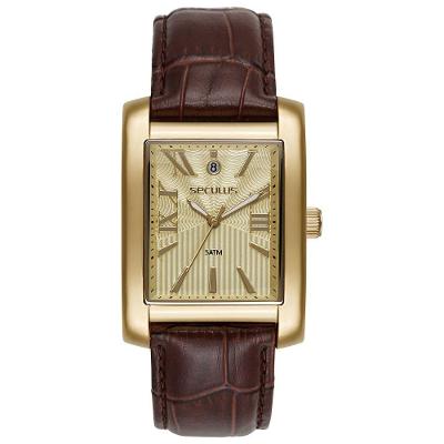 Relógio Masculino Analógico Quadrado Couro Croco Dourado Séculus