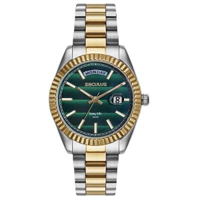 Relógio de Pulso Feminino Catraca Facetada Analógico Aço Inox Bicolor Mostrador Verde Séculus