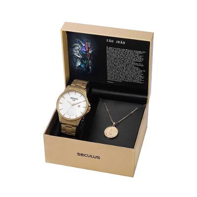 Kit Relógio Masculino Coleção Religiosos Clássico em Aço Inox com Colar São João Dourado Séculus
