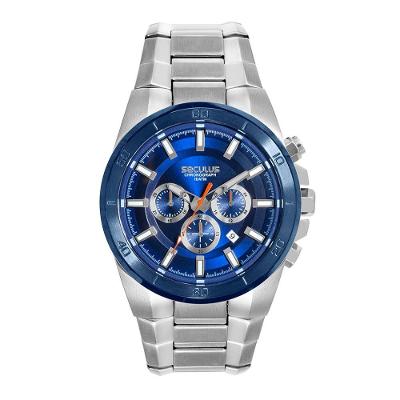 Relógio Masculino Cronógrafo 3D Prata em Aço Inox com Mostrador Azul Séculus