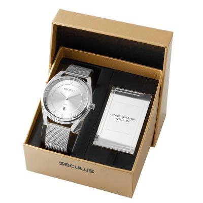 Relógio Masculino Bodas Analógico Aço Inox com Placa Prata Séculus 46MM