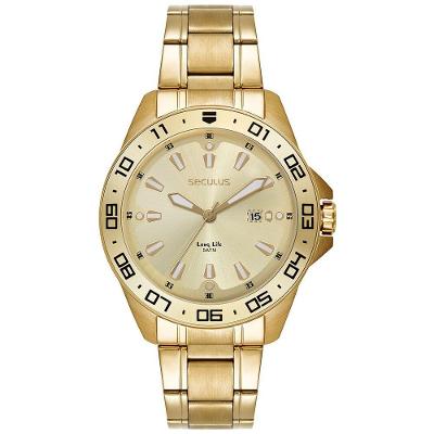 Relógio Masculino Analógico Aço Calendário Champagne com Pulseira em Aço Inox Dourado Séculus