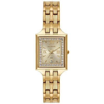 Relógio Feminino Quadrado em Cristais com Pulseira Aço Inox Dourado Séculus 27MM