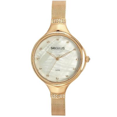 Relógio Feminino Malha de Aço Dourado Clássico em Aço Inox com Cristais Séculus 3,6CM