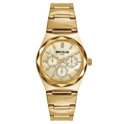 Relógio Feminino Multifunção Aço Inox com Cristais Dourado Séculus