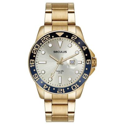 Relógio Masculino Aço com Lupa para Calendário Clássico Aço Inox Dourado Séculus