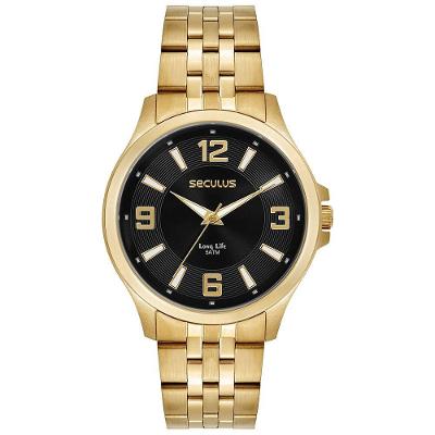 Relógio Masculino Analógico Aço Dourado Mostrador Preto com Pulseira em Aço Inox Séculus