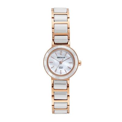 Relógio Feminino Cerâminca Madrepérola Rosé Analógico em Cerâmica e Metal Rosê Séculus 2.4CM