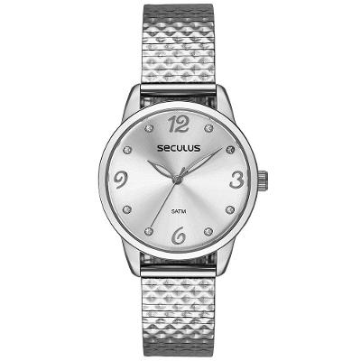 Relógio Feminino Pulseira Texturizada Prata Analógico Aço Inox Séculus 34MM