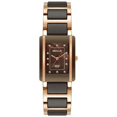 Relógio Feminino Cerâmica Marrom e Rosé Analógico Plástico Séculus 4CM
