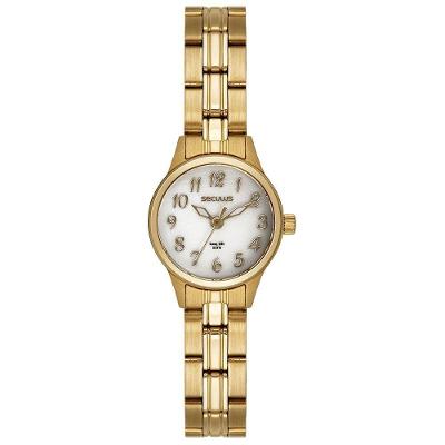 Kit Relógio Feminino Madrepérola Dourado com Pulseira Coração Analógico Aço Séculus