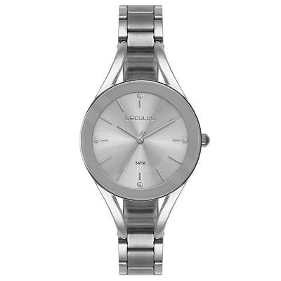 Relógio Feminino Bracelete Analógico Aço Inox Visor Espelhado Prata Séculus 34MM