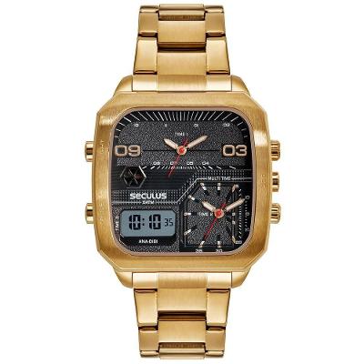 Relógio Masculino Anadigi Analógico e Digital em Aço Inox Dourado Séculus 4,3CM