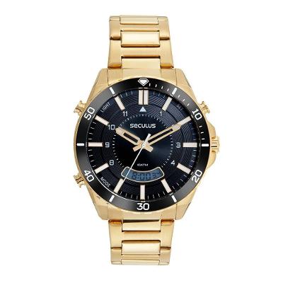 Relógio Masculino Anadigi Analógico e Digital Aço Inox Fecho de Pressão Dourado Séculus 4.8CM
