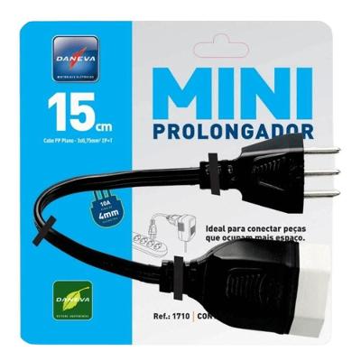 Prolongador DN1710 Macho-Fêmea 2P+T Cabo PP Plano Preto Daneva 15CM 3X0,75MM2 Bivolt