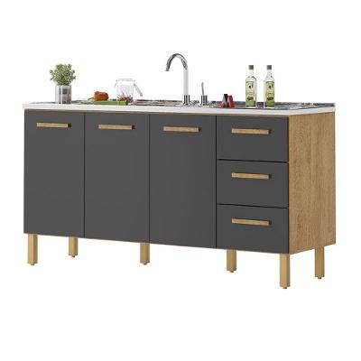 Balcão Fortaleza 3 Gavetas 3 Portas MDF-MDP 157CM Amêndoa Milani Movelaria