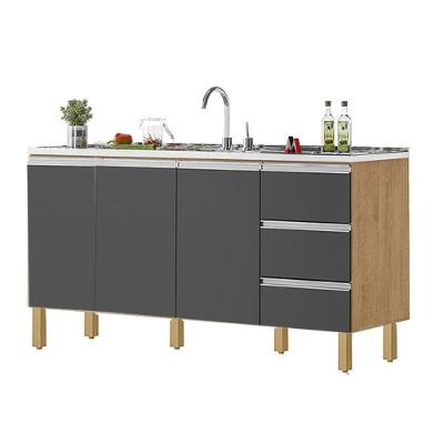 Balcão Recife 3 Portas 3 Gavetas MDF-MDP 157CM Amêndoa Grafite Milani Movelaria