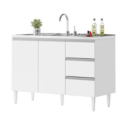 Balcão Salvador 2 Portas 3 Gavetas MDF 120CM Branco com Puxadores Alumínio Milani Movelaria