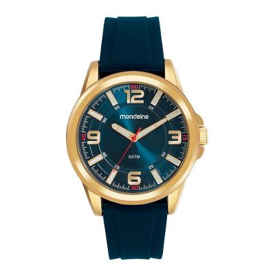 Relógio Masculino Dourado e Azul Analógico em Silicone Azul com Mostrador Azul 45MM Mondaine