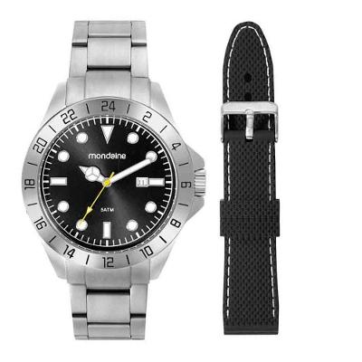 Relógio Masculino Troca Pulseira com Aço Inox e Silicone Função Calendário Mondaine 46MM
