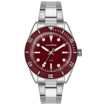 Relógio Masculino Vidro Dome Mostrador Vermelho com Pulseira de Aço Inox Mondaine