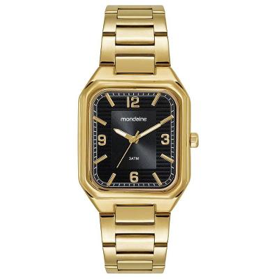 Relógio Masculino Caixa Retangular Clássico Analógico com Pulseira em Aço Inox Dourado Mondaine