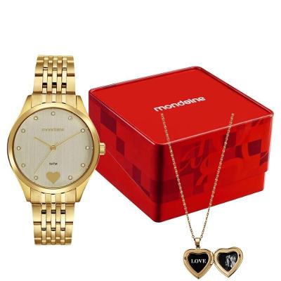 Kit Relógio Feminino Relicário de Coração Clássico com Aço Inox Dourado 5ATM Mondaine