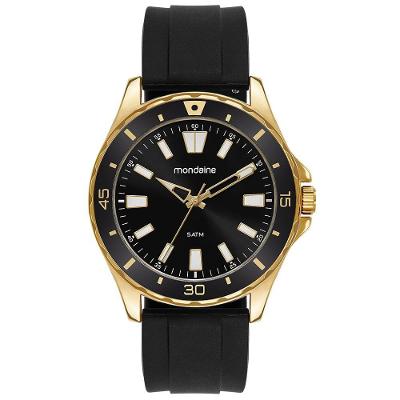 Relógio Masculino Bisel Dourado Analógico Preto Mondaine 44MM