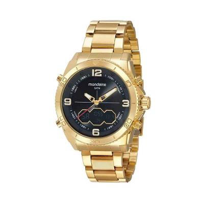 Relógio Masculino Anadigi Dourado Analógico e Digital em Aço Inox com Luz Interna Mondaine