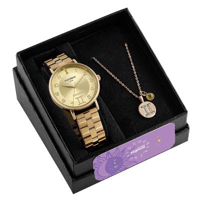 Relógio Analógico Masculino Signo Gêmeos em Aço Inox com Folheação Dourada Mondaine 4CM