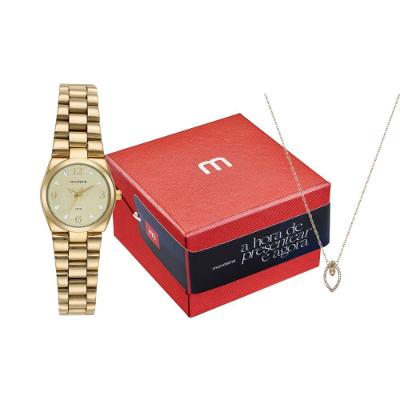 Kit Relógio Feminino Moda Analógico Aço Inox com Colar Cristais Dourado Mondaine