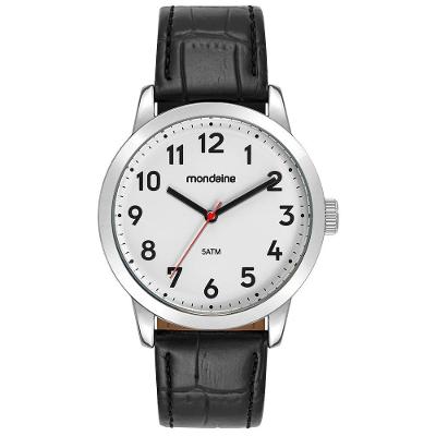 Relógio Masculino Analógico Branco com Pulseira de Couro Preto Mondaine