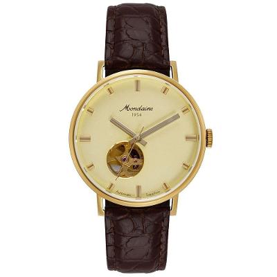 Relógio Masculino 70 Anos Automático Open Heart Couro Dourado Mondaine