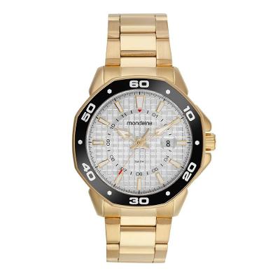 Relógio Masculino Octagonal Lupa Calendario Analógico em Aço Inox Dourado Mondaine 47MM