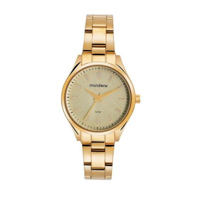 Relógio Feminino Marcações Cristais Analógico com Pulseira Aço Inox Dourado Mondaine