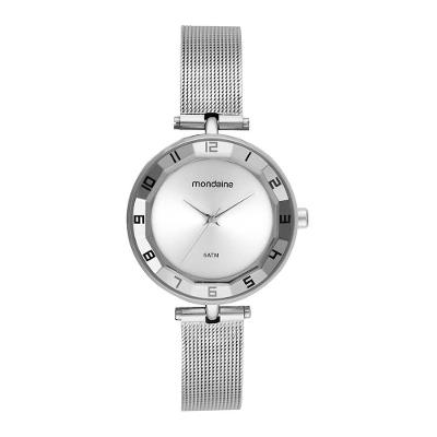 Relógio Feminino Vidro Facetado Prata Analógico Aço Inox Fecho de Pressão Prata Mondaine 32MM