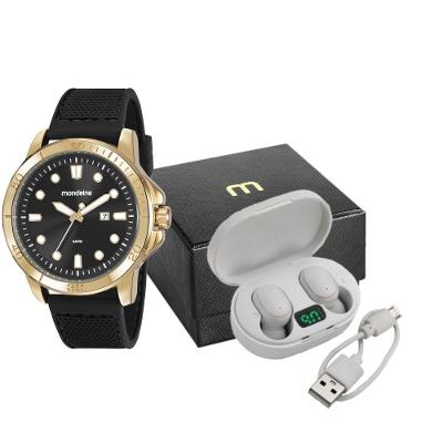 Kit Relógio Masculino Calendário Esportivo com Silicone Dourado e Fone Bluetooth Mondaine