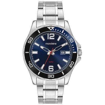 Relógio Masculino com Calendário Detalhe Azul Analógico Aço Inox Azul Mondaine 44MM